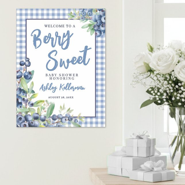 Blåbärsblå Rutig Berry Söt Babyfirande Poster (Blueberry Blue Gingham Berry Sweet Baby Shower Poster )