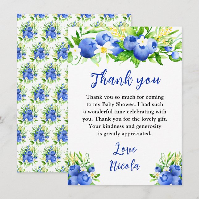 Blåbärsblommig baby shower tack kort (Fram/baksida)