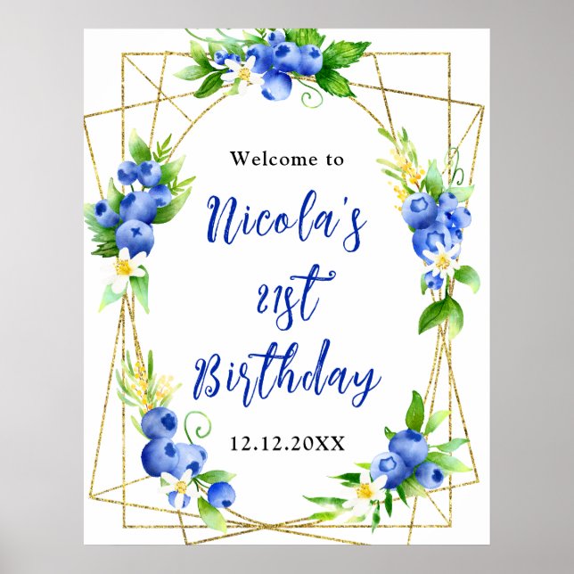 Blåbärsblommig födelsedagsvälkomst poster (Framsidan)