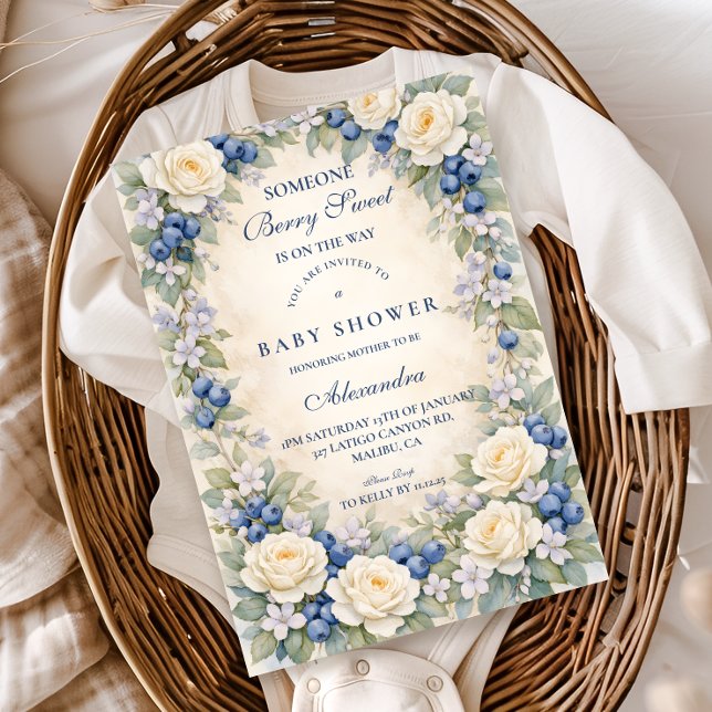 Blåbärsblommig krans Baby Shower Inbjudningar (Skapare uppladdad)