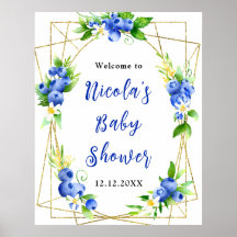 Blåbärsblommig välkomstskylt för baby shower