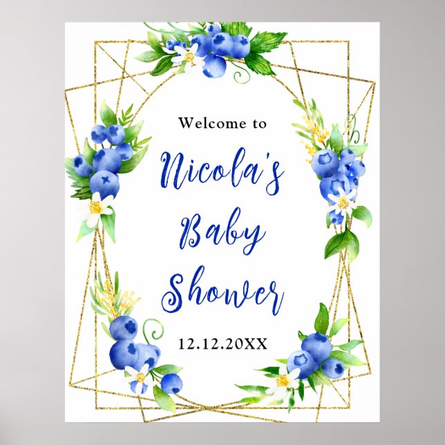 Blåbärsblommig välkomstskylt för baby shower poster (Framsidan)
