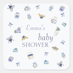 Blåbärsdessert Baby Shower Watercolor  Fyrkantigt Klistermärke
