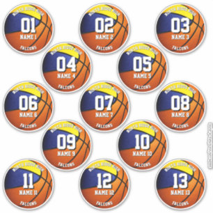 Blåbasketlaget i guld färg 13 spelare namn klistermärken