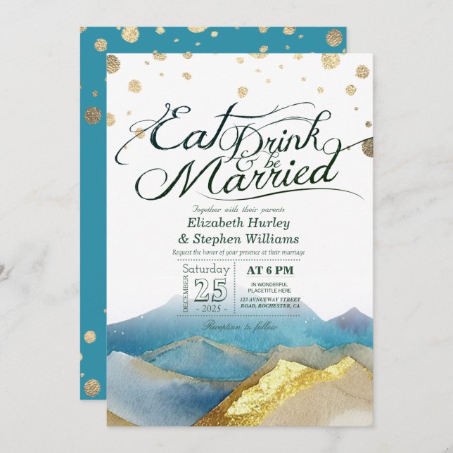 Blåberg i Guld ÄT Drick och gift Bröllop Inbjudningar (Fram/baksida)