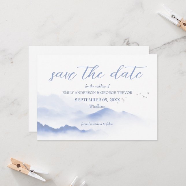 Blåberg och fåglar bröllop spara datum inbjudningar (Fram/Back In Situ)