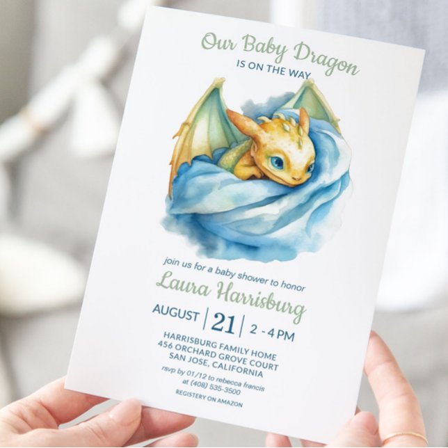 Blåbildsduschen Cute Dragon Sage Grönt Blue Pojke Inbjudningar (Drago Baby Shower Invitation)