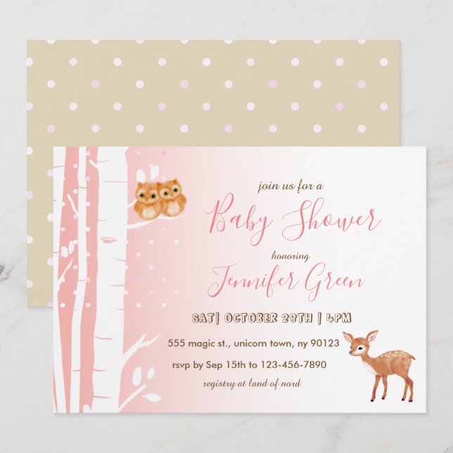 Blåbildsinbjudningar till Birch Träd Uggla Hjort B Inbjudningar (Fram/baksida)