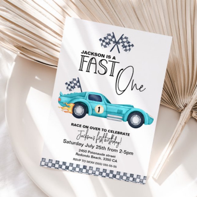 Blåbilsbilen Tävling FAST EN 1:a födelsedagans vat Inbjudningar (Fast one race car birthday invitation)