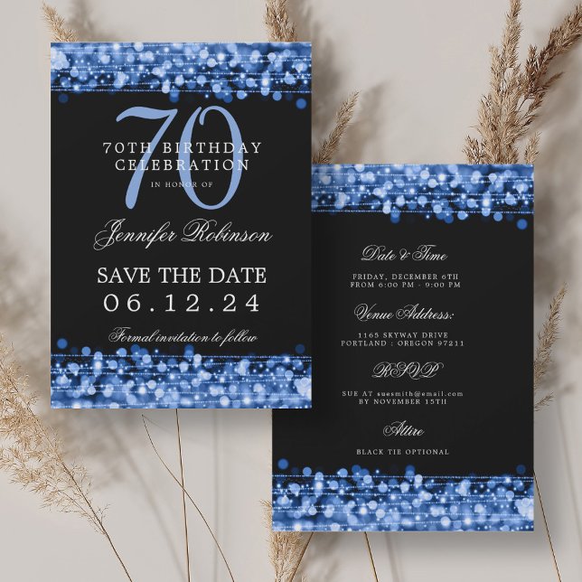 Blåblå 70-dagarsdag Spara datum med detaljer Inbjudningar (Navy Blue 70th Birthday Save the Date w/ Details Invitation)
