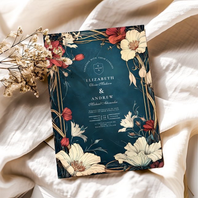 Blåblå Art nouveau Bröllop Inbjudningar (Skapare uppladdad)