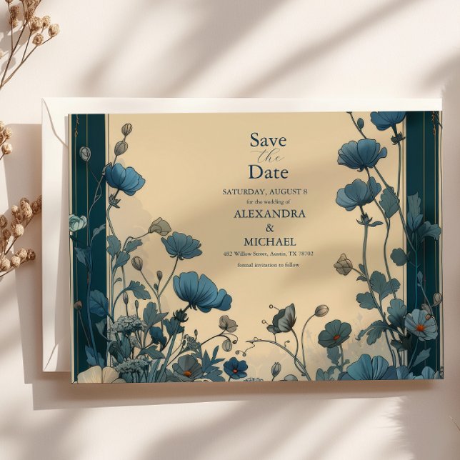 Blåblå Art nouveau Bröllop Spara Datumet (Skapare uppladdad)