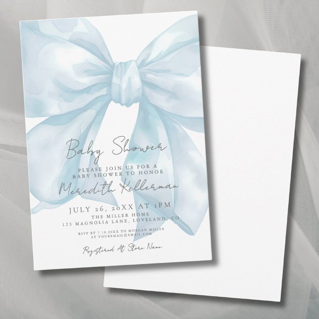 Blåblå babyskor för elegant inbjudningar (Elegant Light Blue Bow Baby Shower Invitation)