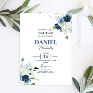 Blåblå Blommigt Baptism Boy Spansk inbjudan