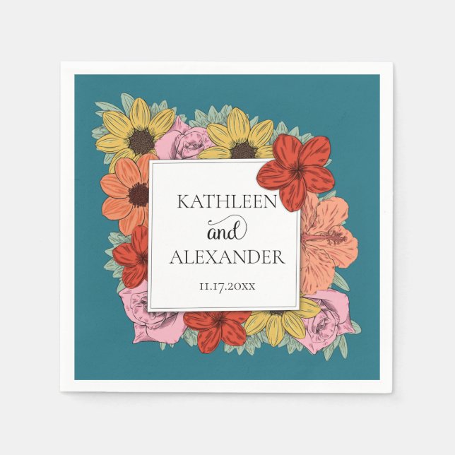 Blåblå Blommigt Bröllop Pappersservett (Framsidan)