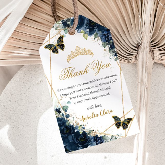 Blåblå Blommigt Butterflies Quince 16:e födelsedag Presentetikett (Skapare uppladdad)