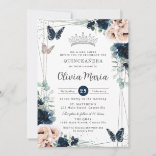 Blåblå Blommigt Butterflies Quinceañera Inbjudningar