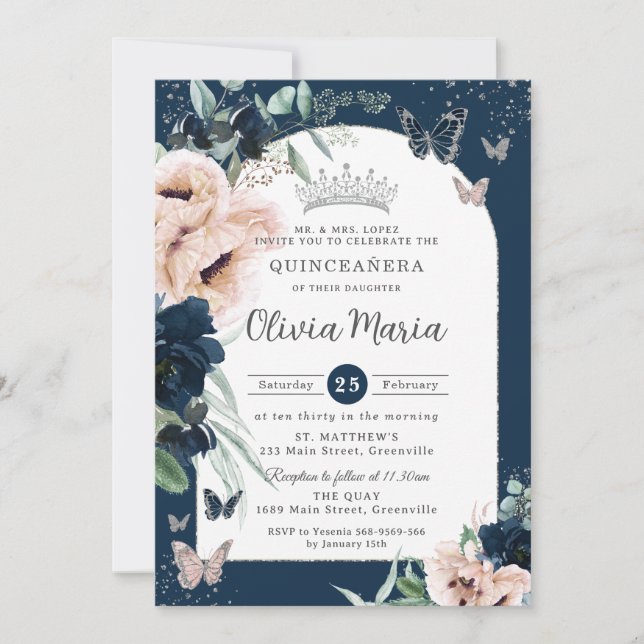Blåblå  Blommigt Butterflies Quinceañera Inbjudningar (Framsida)