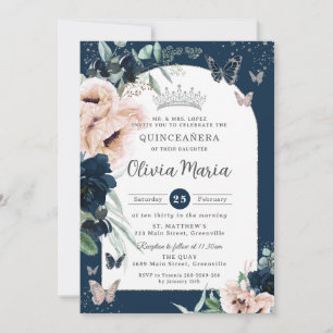 Blåblå Blommigt Butterflies Quinceañera Inbjudningar