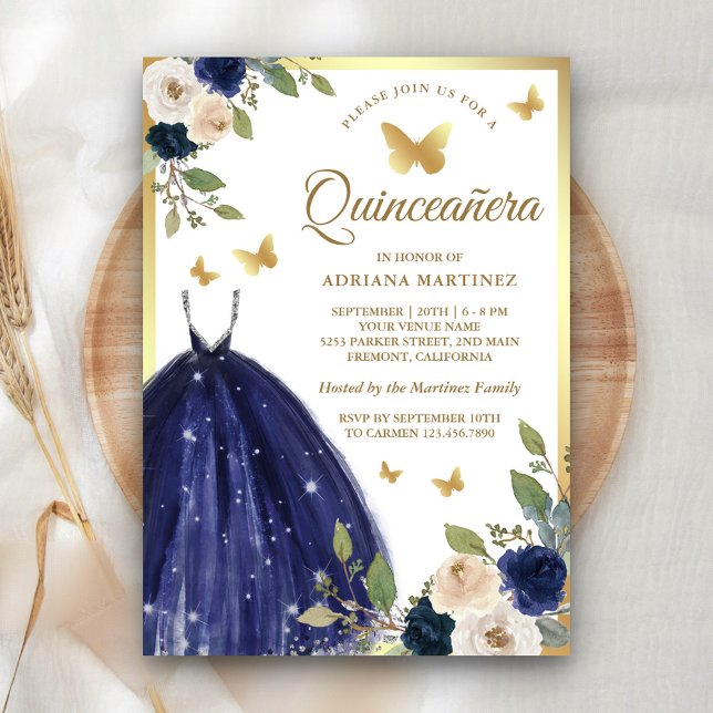 Blåblå Blommigt Butterfly Guld Quinceanera Inbjudningar (Skapare uppladdad)
