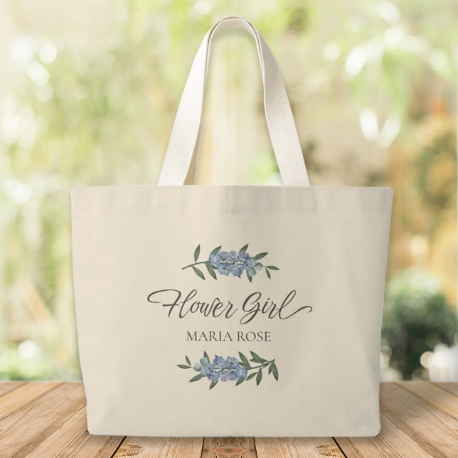 Blåblå Blommigt för Flower Girl Cute Blue Botanica Jumbo Tygkasse (Skapare uppladdad)