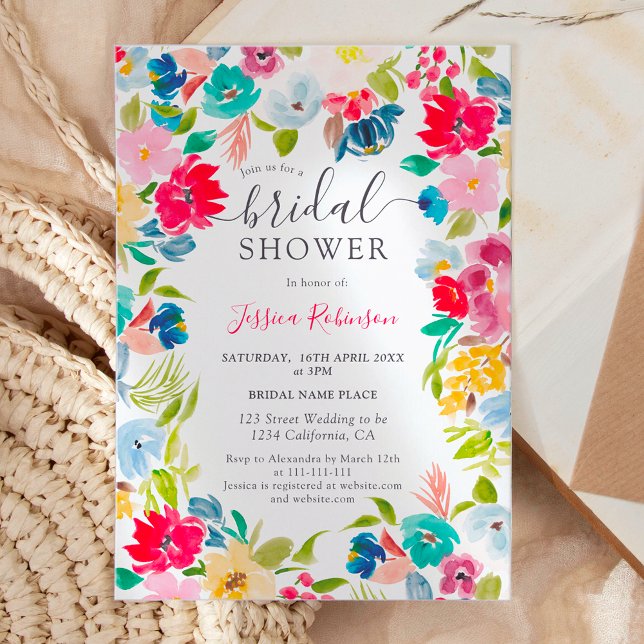 Blåblå blommigt möhippa inbjudningar (bohemian red blue floral photo bridal shower invitation)