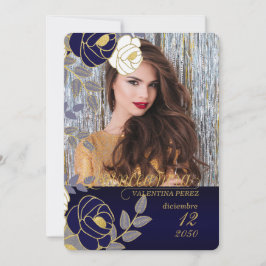 Blåblå Blommigt - spanska quinceanera med foto Inbjudningar