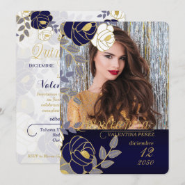 Blåblå Blommigt - spanska quinceanera med foto Inbjudningar