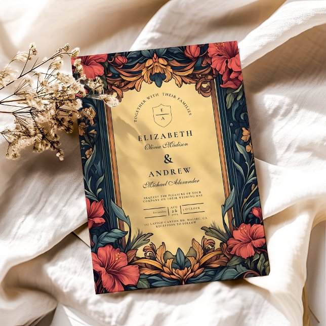 Blåblå Blommigten Bröllop Art nouveau Inbjudningar (Skapare uppladdad)