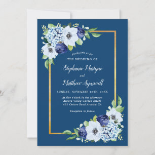 Blåblå Blommigten Guld Gräns Watercolor Bröllop Inbjudningar