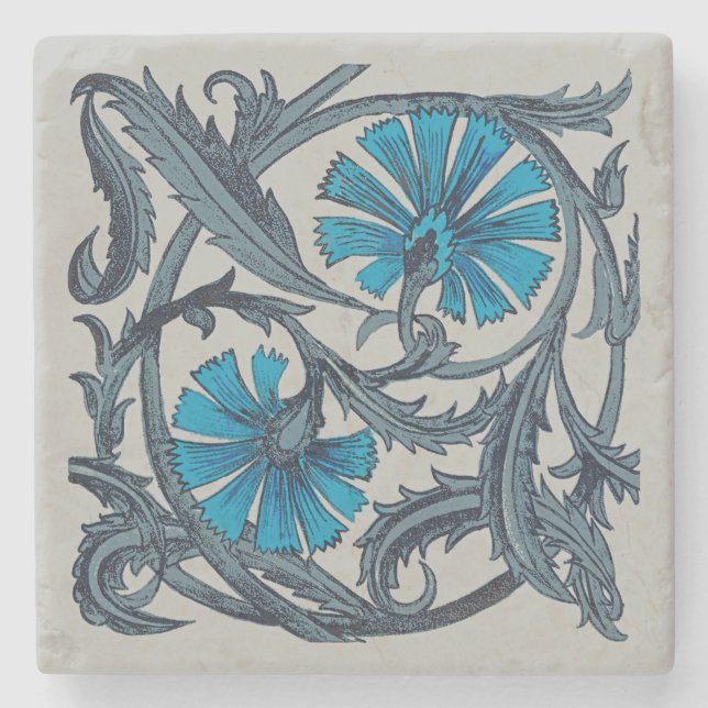 Blåblå blomsterkonst av vintage, rustik stenunderlägg (Framsidan)