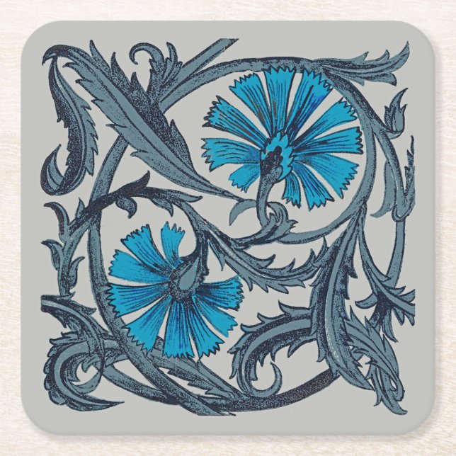 Blåblå blomsterkonst av vintage, rustik underlägg papper kvadrat (Framsidan)