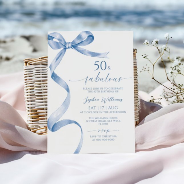 Blåblå Bow 50 och Uppmaning till födelsedag Inbjudningar (Skapare uppladdad)