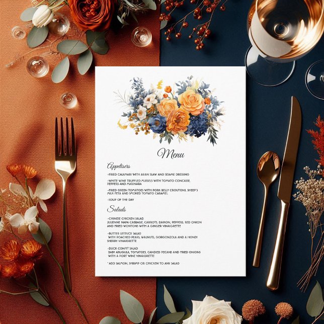 Blåblå, bränd Orange och champagne Blommigt Bröllo Meny (Navy Blue, Burnt Orange and Champagne Floral Wedding Menu)