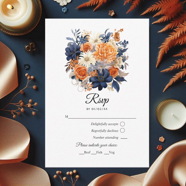 Blåblå, bränd Orange och champagne Blommigt Bröllo OSA Kort (Navy Blue, Burnt Orange & Champagne Floral Wedding RSVP Card)