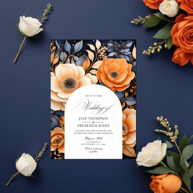 Blåblå, bränd Orange och champagne Bröllop Inbjudningar (Navy Blue, Burnt Orange and Champagne Wedding Invitation)