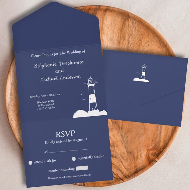 Blåblå Bröllop OSA i fyr (Lighthouse Navy Blue Wedding RSVP All In One Invitation)