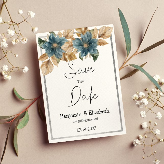 Blåblå brun silver-blommigt Spara datum Inbjudningar (Botanic blue brown silver floral Save the Date )