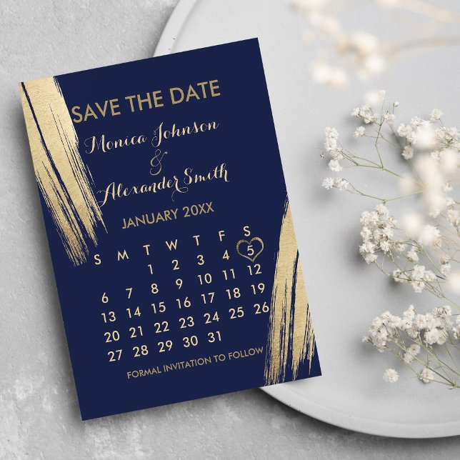 Blåblå Brushstrokes kalender Guld Spara datum Meddelande Vykort (Navy Blue Gold Brushstrokes Calendar Save the Date Announcement )