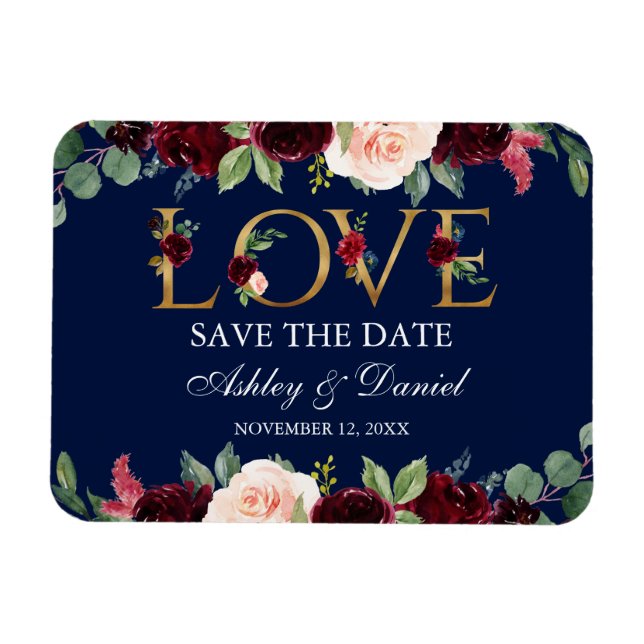 Blåblå burgundisk Blommigt Kärlek Spara datum Magnet (Horisontell)