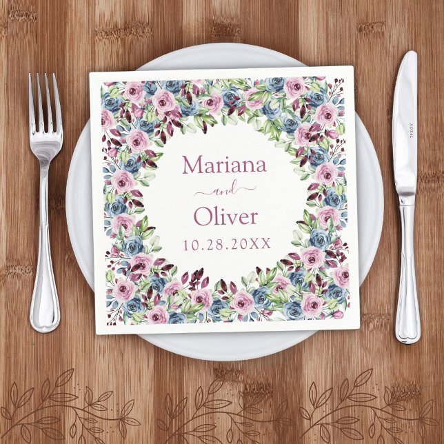 Blåblå burgundy Vin Watercolor Blommigt Bröllop Pappersservett (Skapare uppladdad)