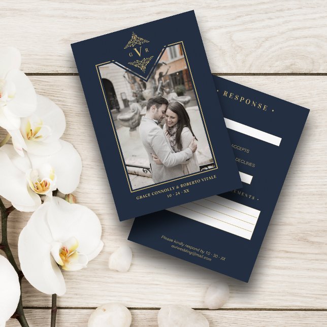 Blåblå Chic Fake Guld Bröllop Initialer, blommande Tilläggskort (Skapare uppladdad)