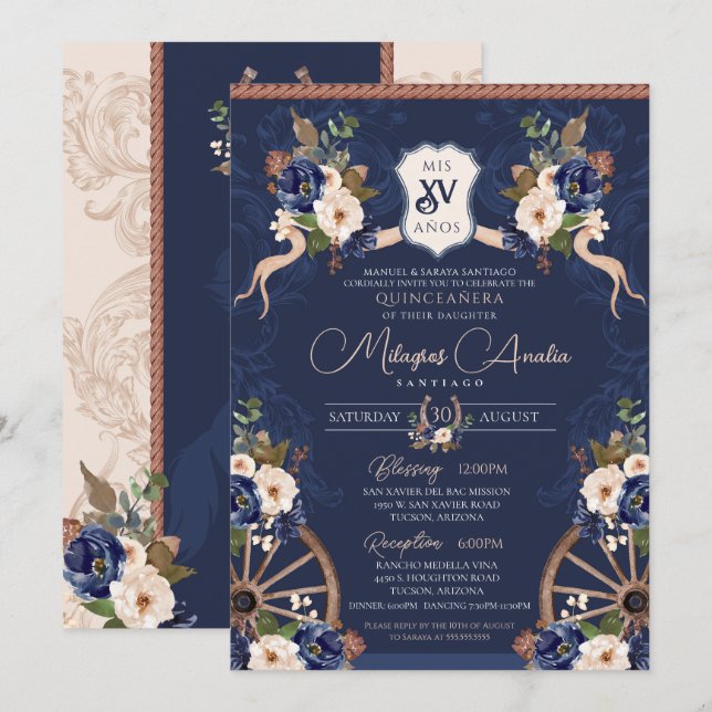 Blåblå Elegant Baroque Charra Quinceanera Inbjudningar (Fram/baksida)