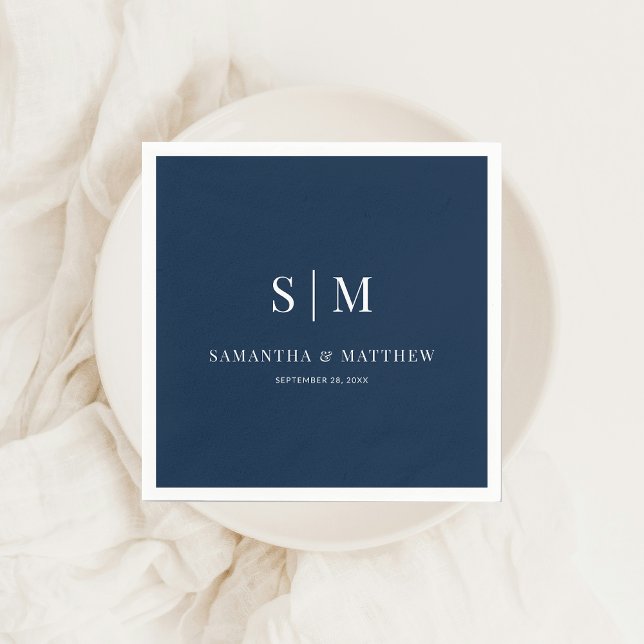 Blåblå enkel Elegant par Initialer Bröllop Pappersservett (Navy Blue Couple Initials Wedding Napkin)