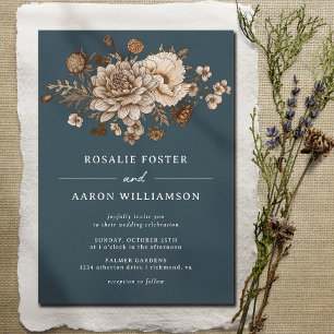 Blåblå + Fall Blommigt Formellt Moody Boho Bröllop Inbjudningar