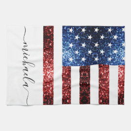 Blåblå faux-gafflar av USA flagga glitter Monogram Kökshandduk