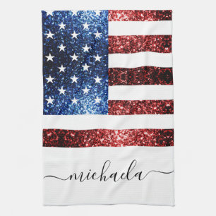 Blåblå faux-gafflar av USA flagga glitter Monogram Kökshandduk