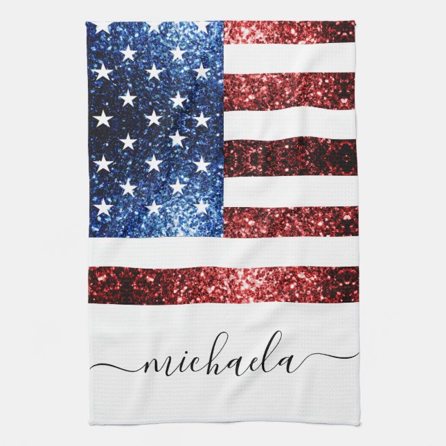 Blåblå faux-gafflar av USA flagga glitter Monogram Kökshandduk (Vertikal)
