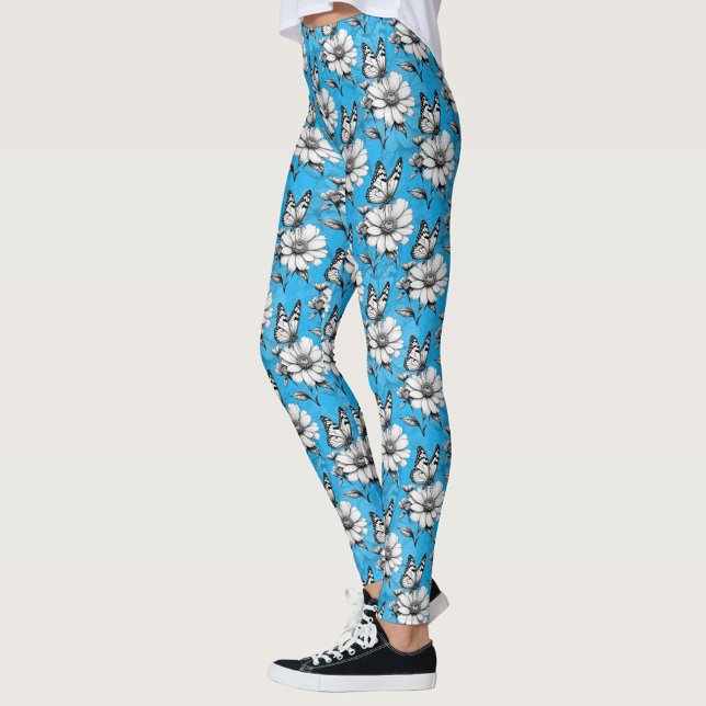 Blåblå fjäril på blomman Mönster Leggings (Skapare uppladdad)