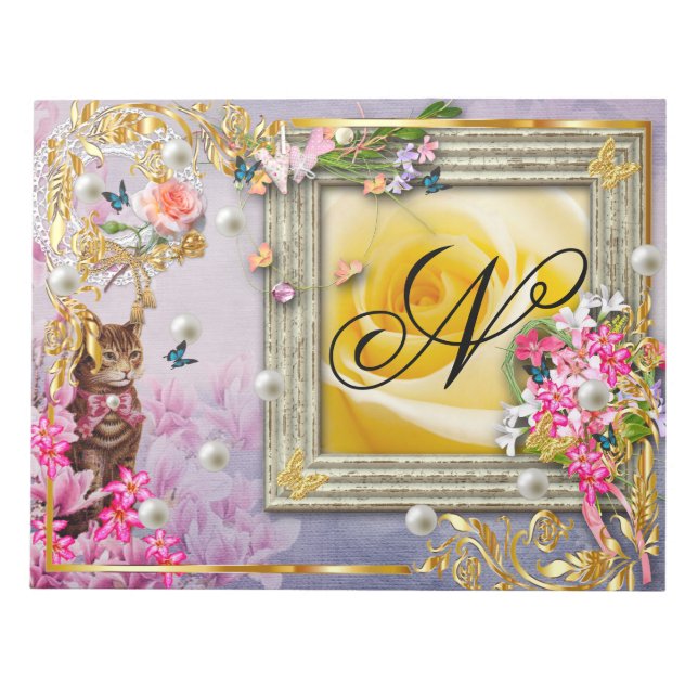 Blåblå fjäril Rosa Flowers Guld Decor Anteckningsblock (Framsida)